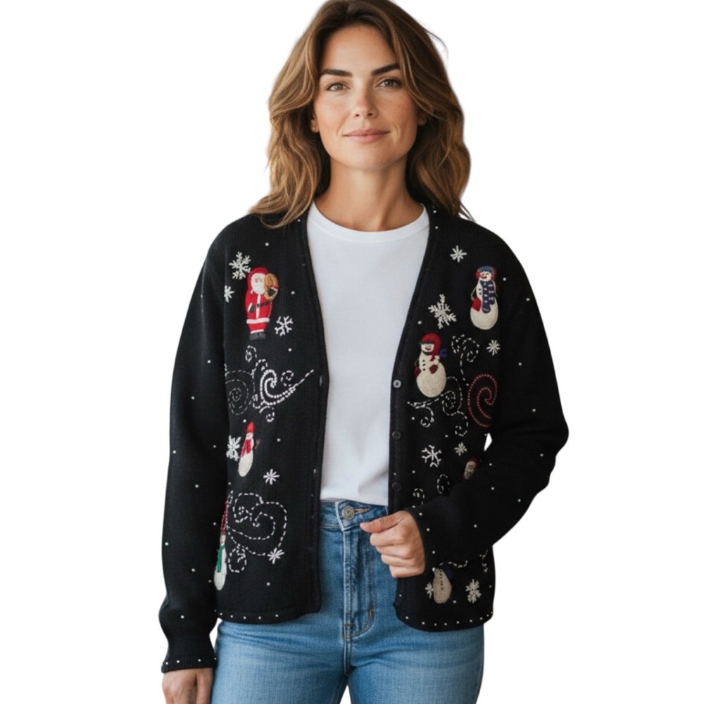 ERIKA Vintage Christmas Sweater Embellished Embroidered Black Sz M EUC 90’s Y2K